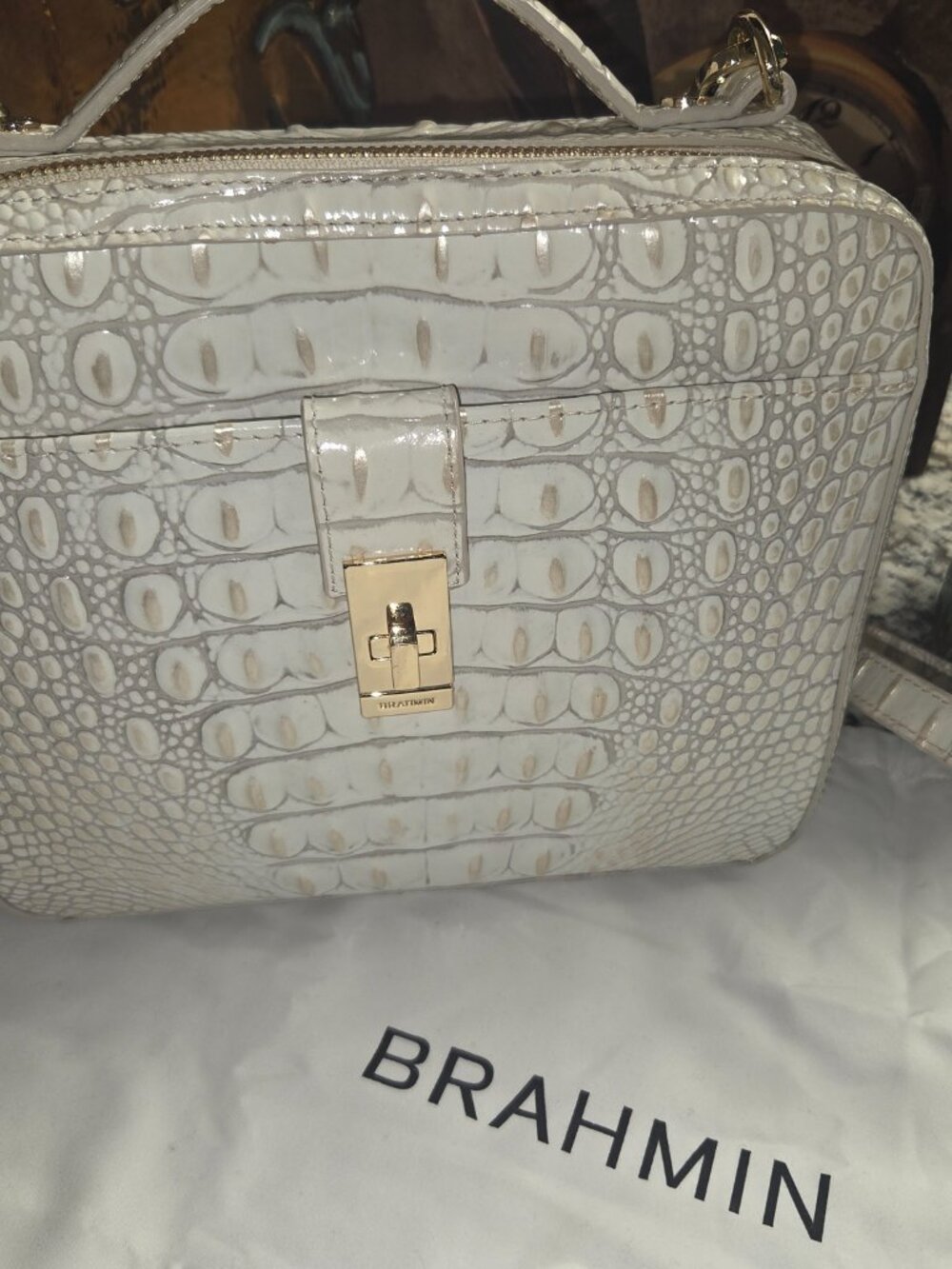 Brahmin White Croc‑Embossed Structured Top‑Handle Bag – Gold Hardware